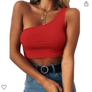 One shoulder red ribbed crop top